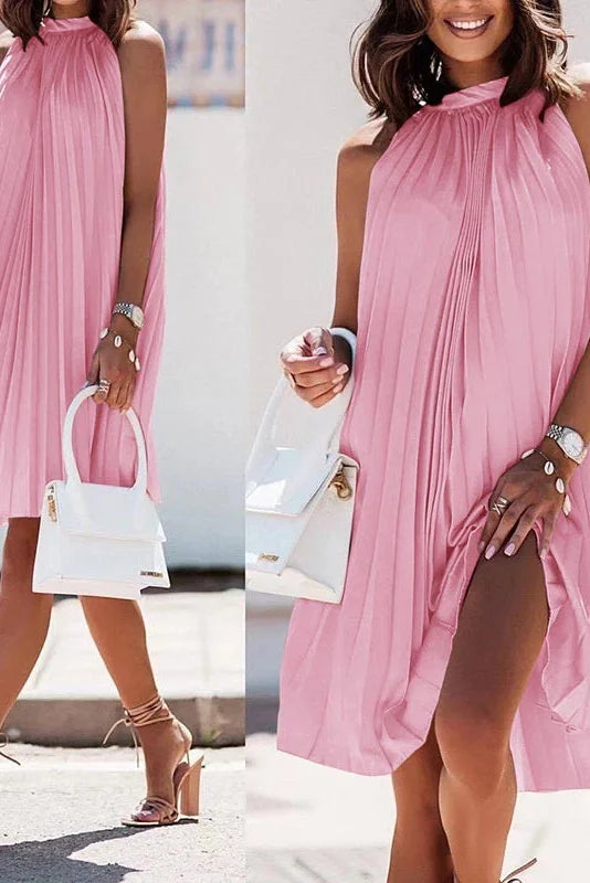 Pleated A Line Loose Strapless Sleeveless Midi Dress