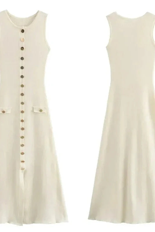 Elegant Knitted Sleeveless Button Bodycon Midi Dress