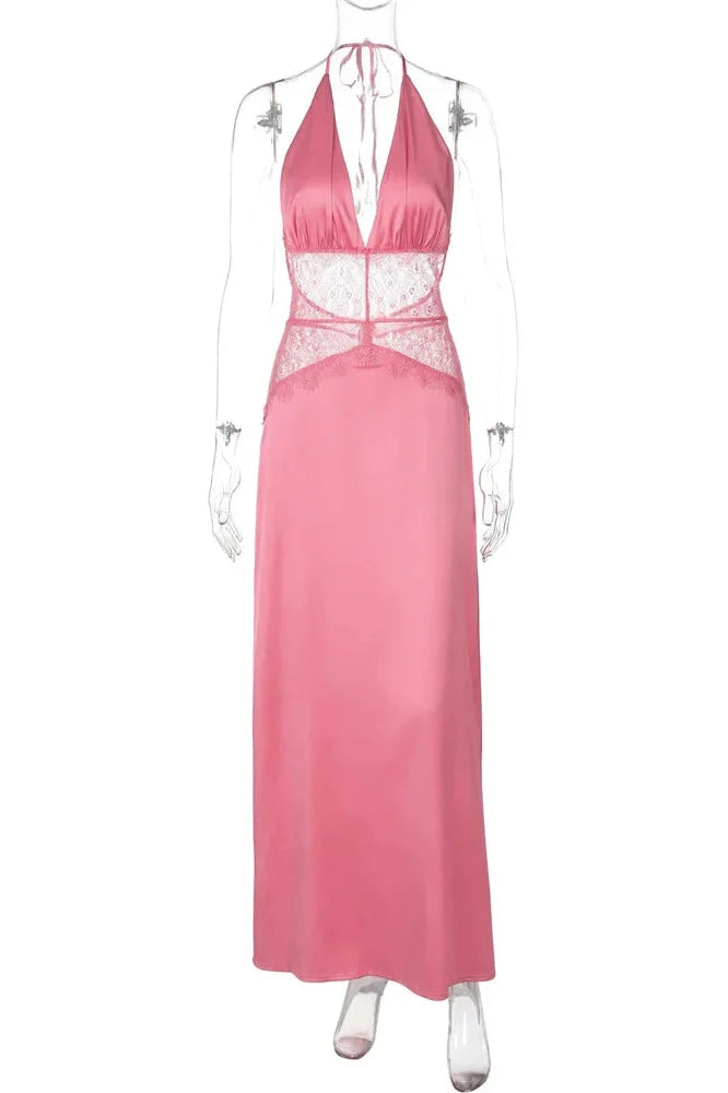 V-Neck Lace Patchwork See-Through High Waist Maxi Dress