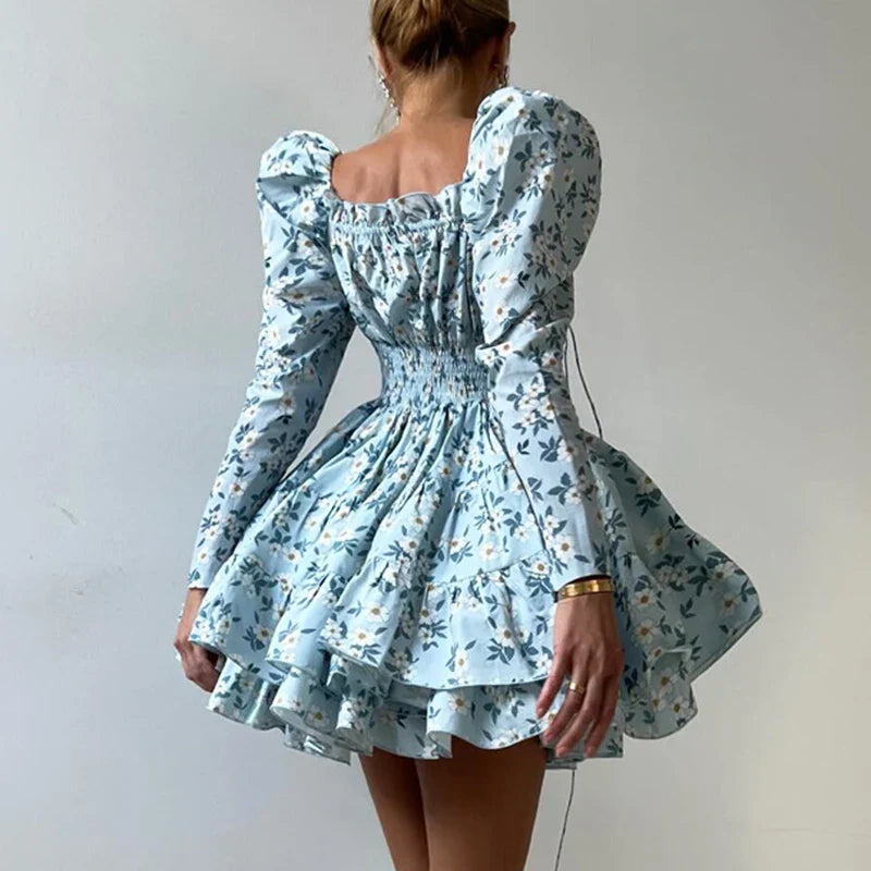 Printed Lace Up V-Neck Long Sleeve Elegant A-Line Mini Dress