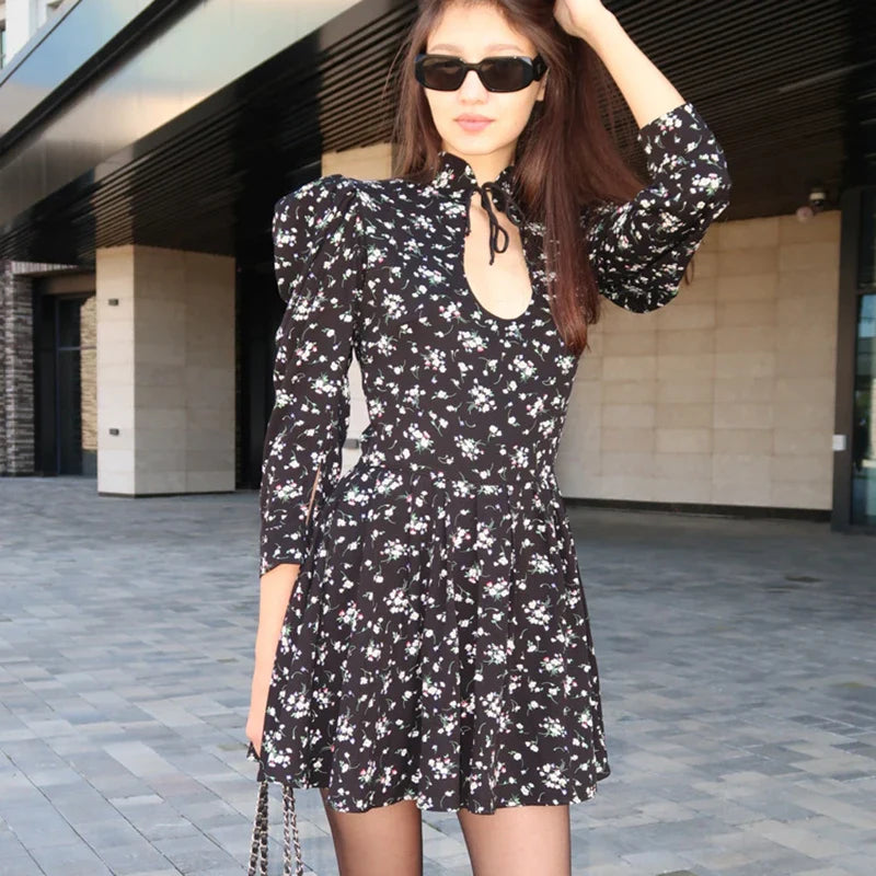 Printed Lace Up High Waist A-Line Mini Dress