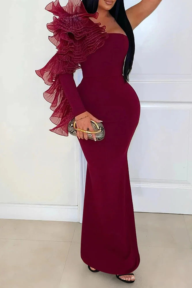 Elegant One-Shoulder Sleeve Slash Collar Slim Pleated Maxi Dress