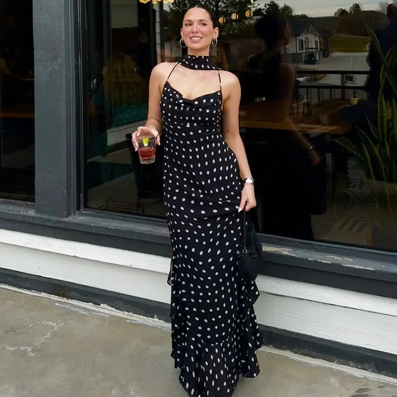 Elegant Polka Dot Scarf Ribbon Pleated Maxi Dress