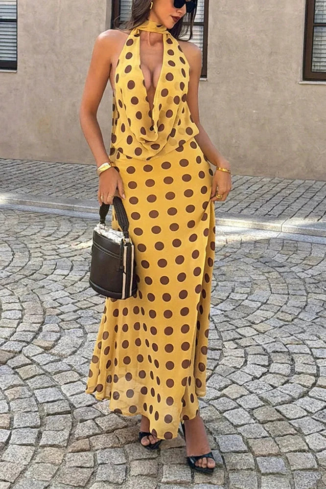 Deep V-Neck High Waist Sleeveless Printed Maxi Dress