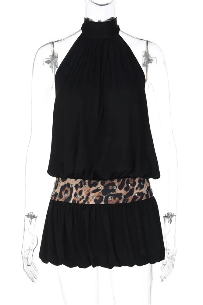 Backless High Waist Off-Shoulder Patchwork Mini Dress