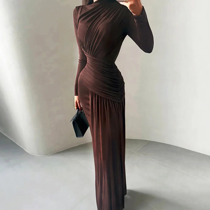 Round Neck High Waist Long Sleeve Maxi Dress