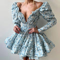 Printed Lace Up V-Neck Long Sleeve Elegant A-Line Mini Dress