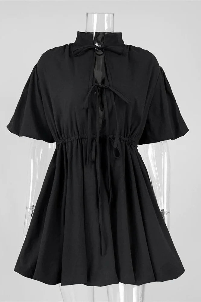 Lace-Up Short Sleeve V-Neck High Waist Mini Dress