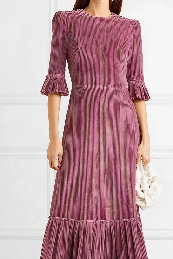 Elegant Half Sleeve Pleated High Waist Slim Maxi Dress