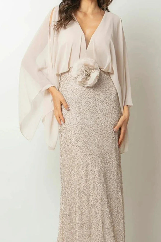 Elegant V-Neck Sleeve High Waist Maxi Dress