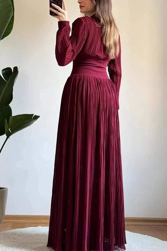 Long Sleeve High Waist Pleated V-Neck Maxi Dress
