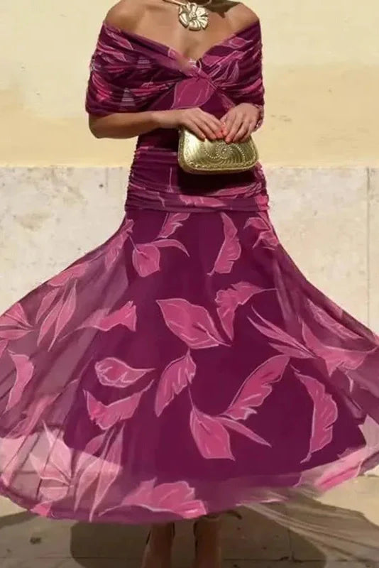 Printed Shawl Sleeve High Waist Pleated V-Neck Off Shoulder Maxi Dress