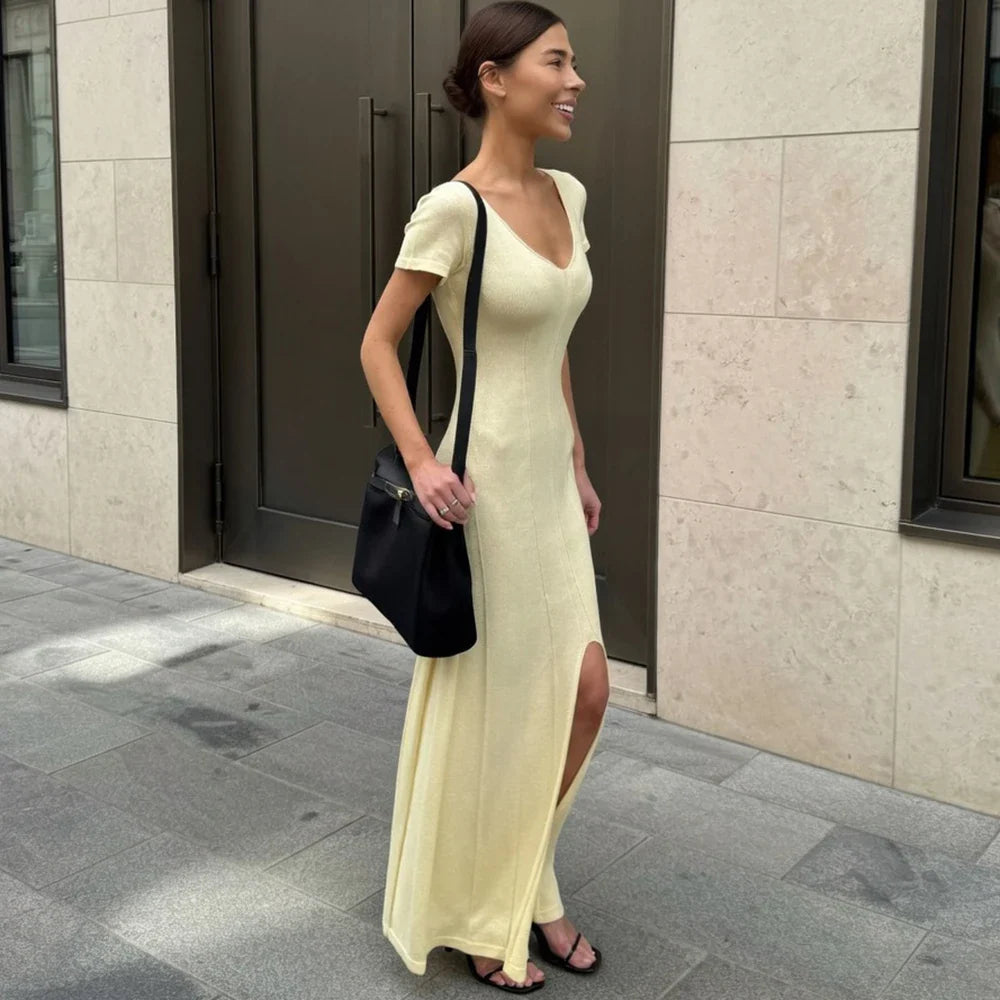 Elegant V-Neck Split Patchwork Maxi Dress