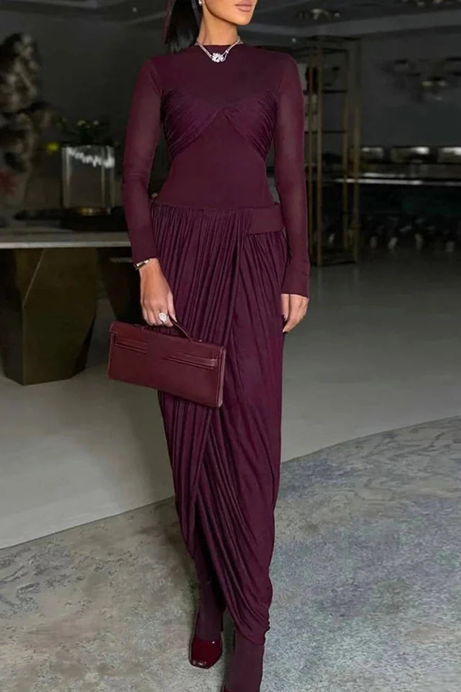 Elegant High Waist O-Neck Pleated Irregular Maxi Dress