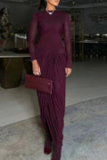 Elegant High Waist O-Neck Pleated Irregular Maxi Dress