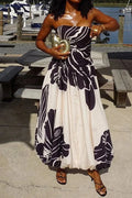 Off Shoulder Sleeveless High Waist Printed Pleated Maxi Dress