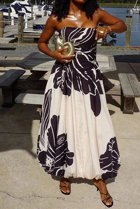 Off Shoulder Sleeveless High Waist Printed Pleated Maxi Dress