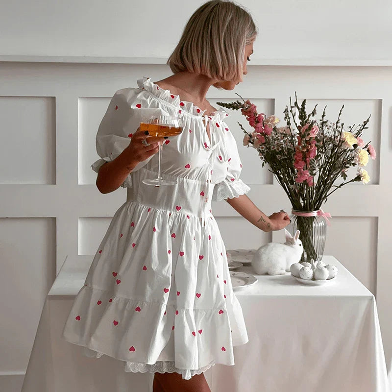 Printed Lace Short Sleeve Mini Dress