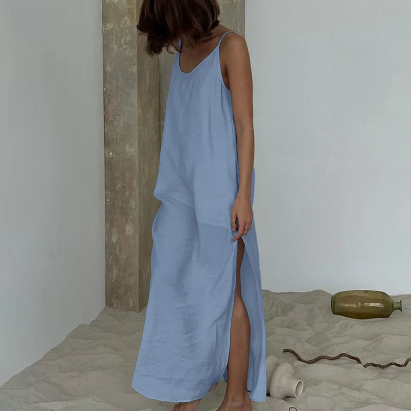 Spaghetti Strap O Neck Sleeveless Slit Maxi Dress