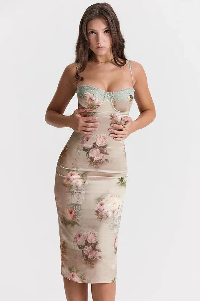 Spaghetti Strap Lace Print Strapless Backless Midi Dress