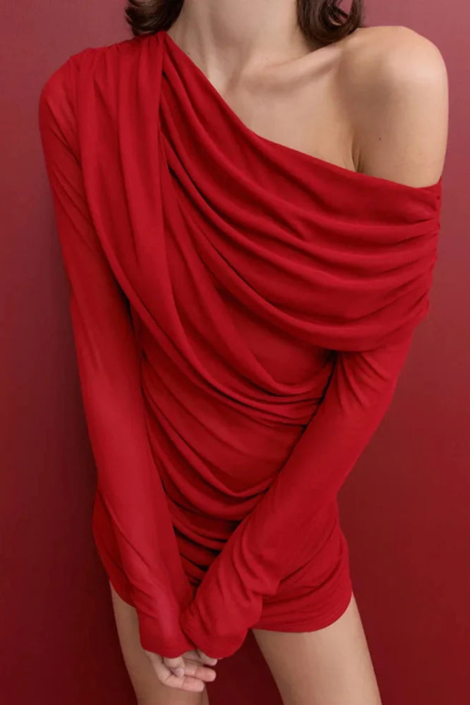 One-Shoulder Sleeve Backless Mini Dress