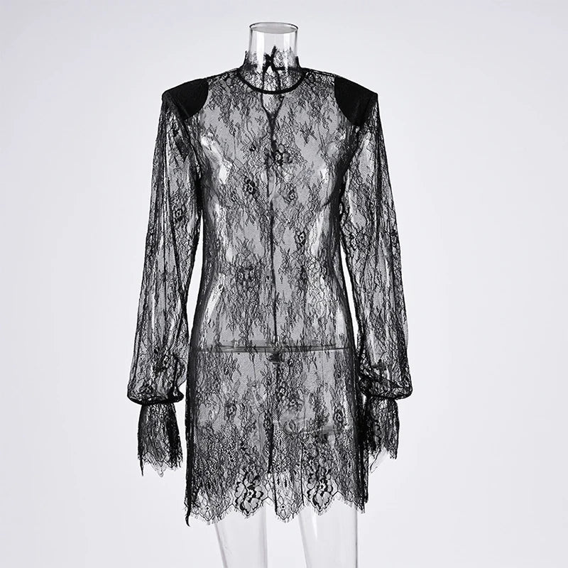 Lace See Through Long Sleeve Loose Mini Dress