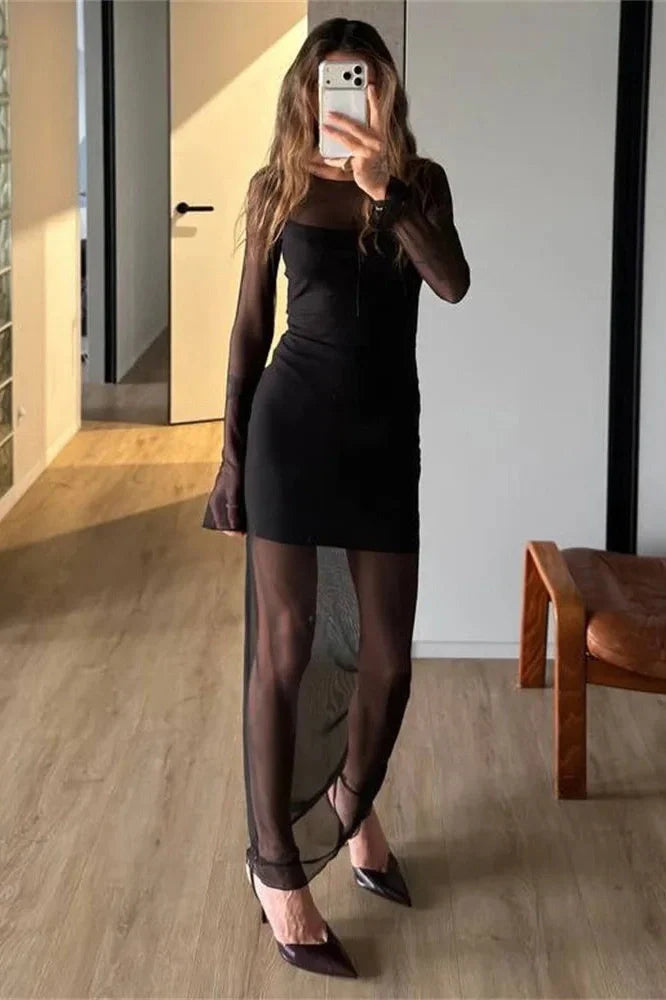 See-Through High Waist Patchwork Slim Maxi Dress