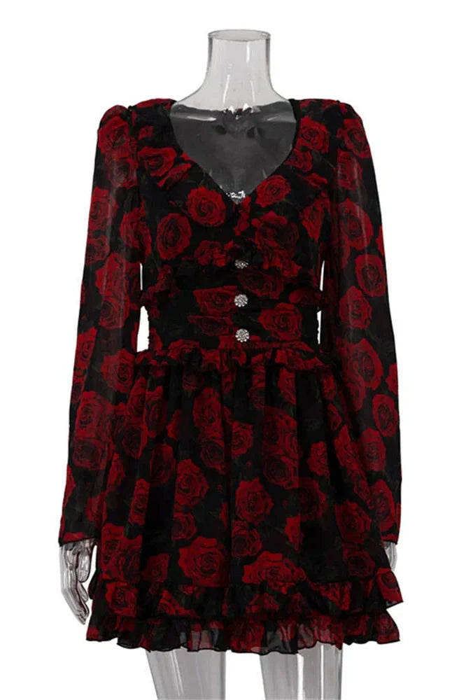 Printed V-Neck Patchwork Long Sleeve High Waist Mini Dress
