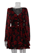Printed V-Neck Patchwork Long Sleeve High Waist Mini Dress