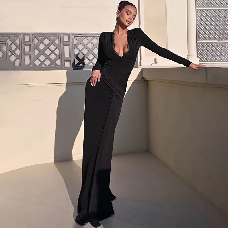 V-Neck Lace Patchwork Elegant Maxi Dress