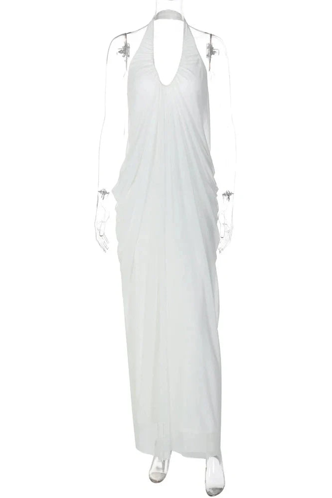 Elegant Backless V Neck Sleeveless Pleated Maxi Dress