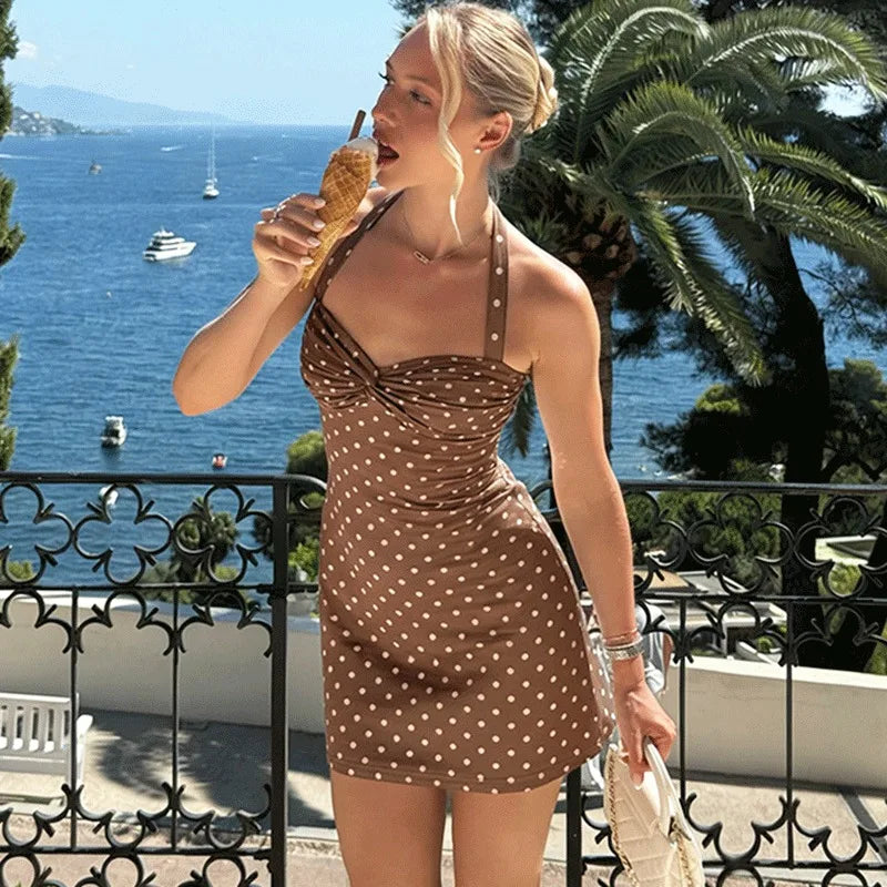 Polka Dot Backless Lace-Up Mini Dress