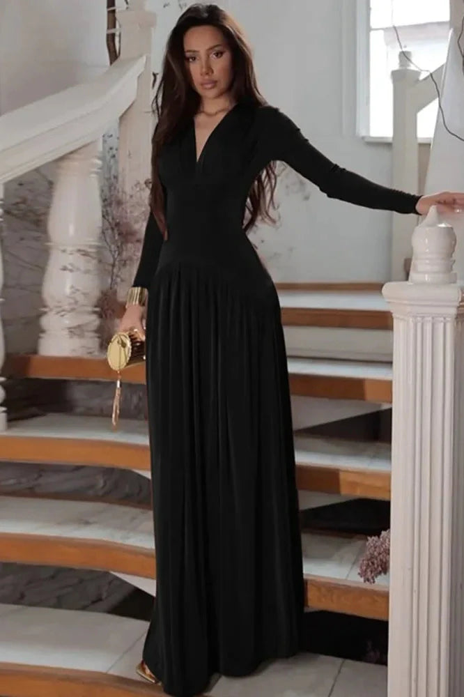Long Sleeve V Neck High Waist Slim Pleated Maxi Dress