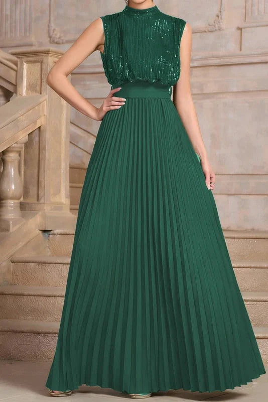Sleeveless Pleated High Waist O-Neck Maxi Dress