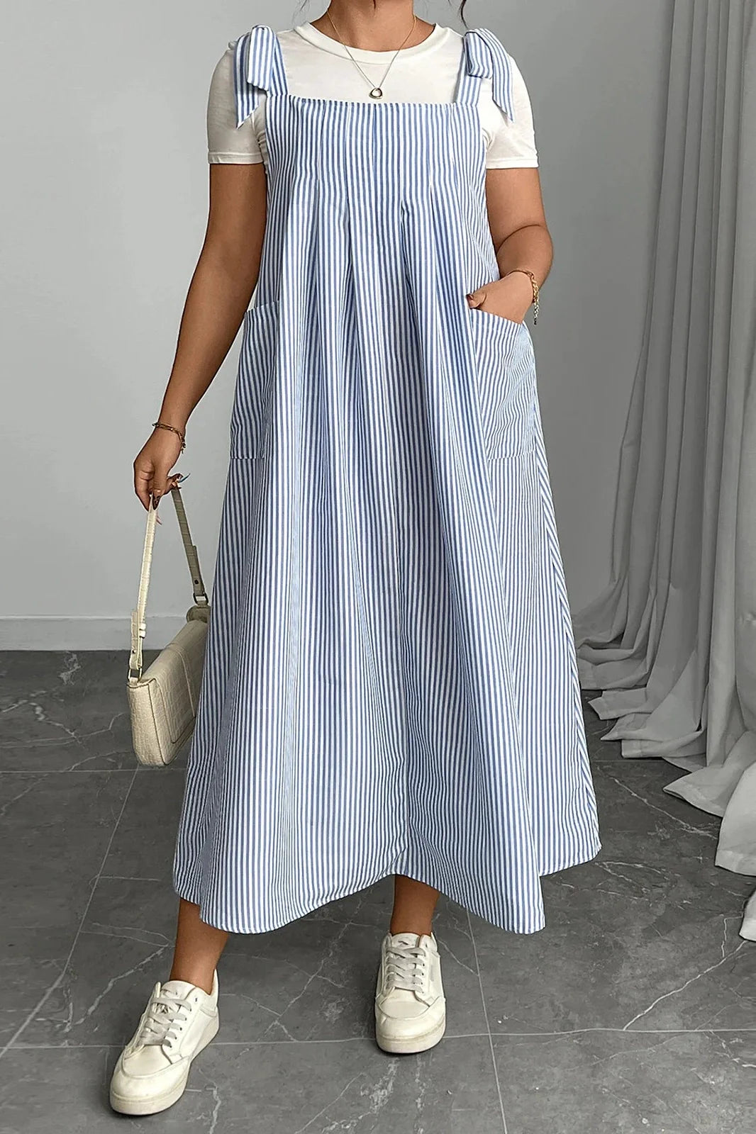 Sleeveless Tie Shoulder Striped Loose Maxi Dress