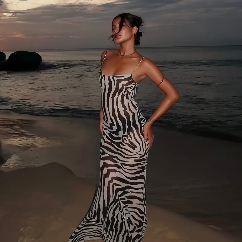 Printed  Spaghetti Strap Lace Up Maxi Dress