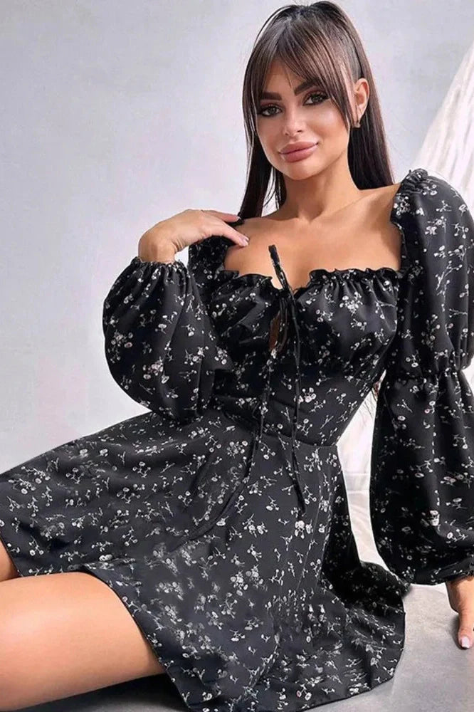 Long Puff Sleeve Square Collar Backless Mini Dress