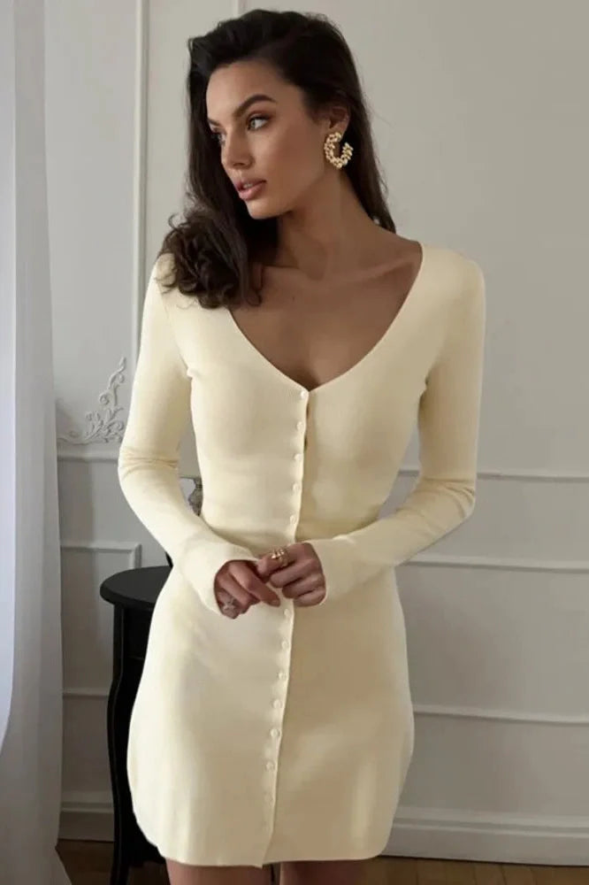 V Neck Long Sleeve Single-Breasted High Waist Mini Dress
