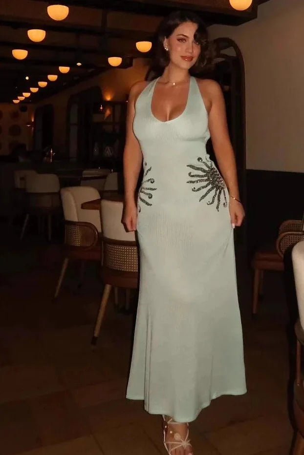 Elegant Deep V-Neck Backless Knitted Maxi Dress