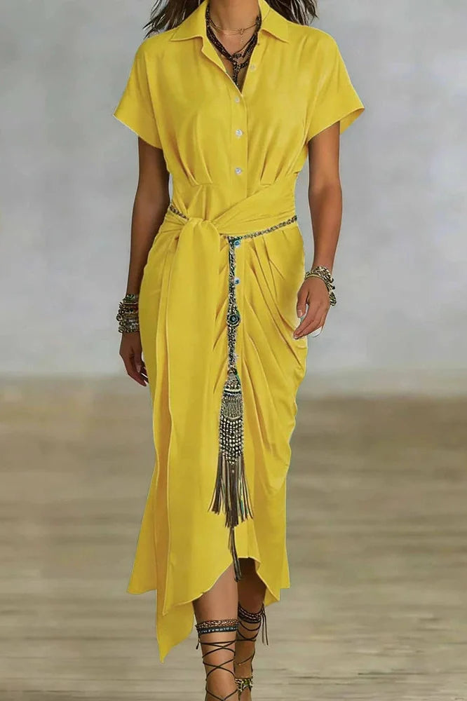Elegant Pleated Lace Up Short Sleeve Midi Dress