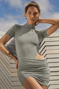 Hollow Out Short Sleeve High Collar Mini Dress