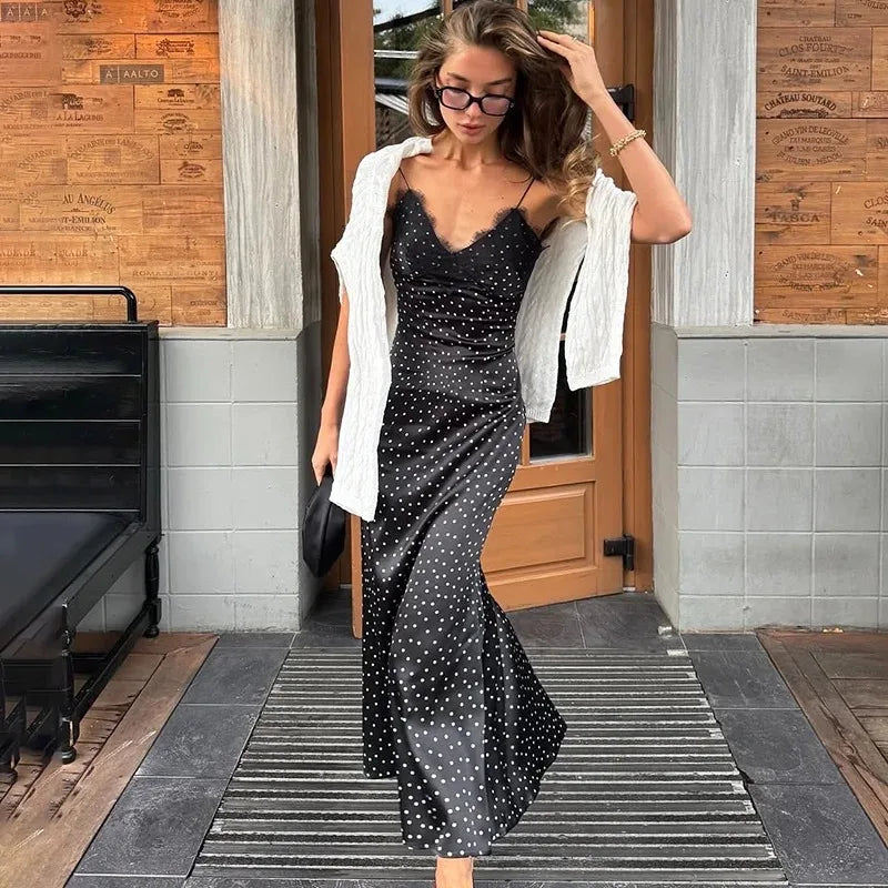 Polka Dot Patchwork Sleeveless Backless Maxi Dress
