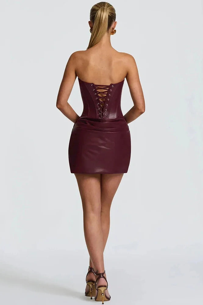 PU Leather Off-Shoulder Strapless Sleeveless Lace-up Mini Dress