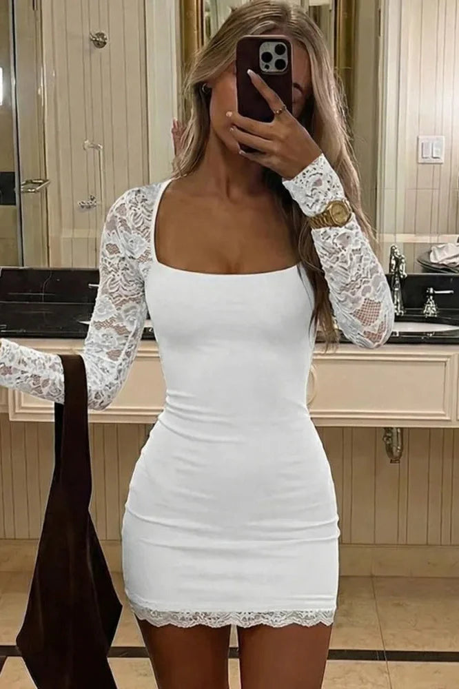 Lace Long Sleeve Patchwork Square Collar Mini Dress