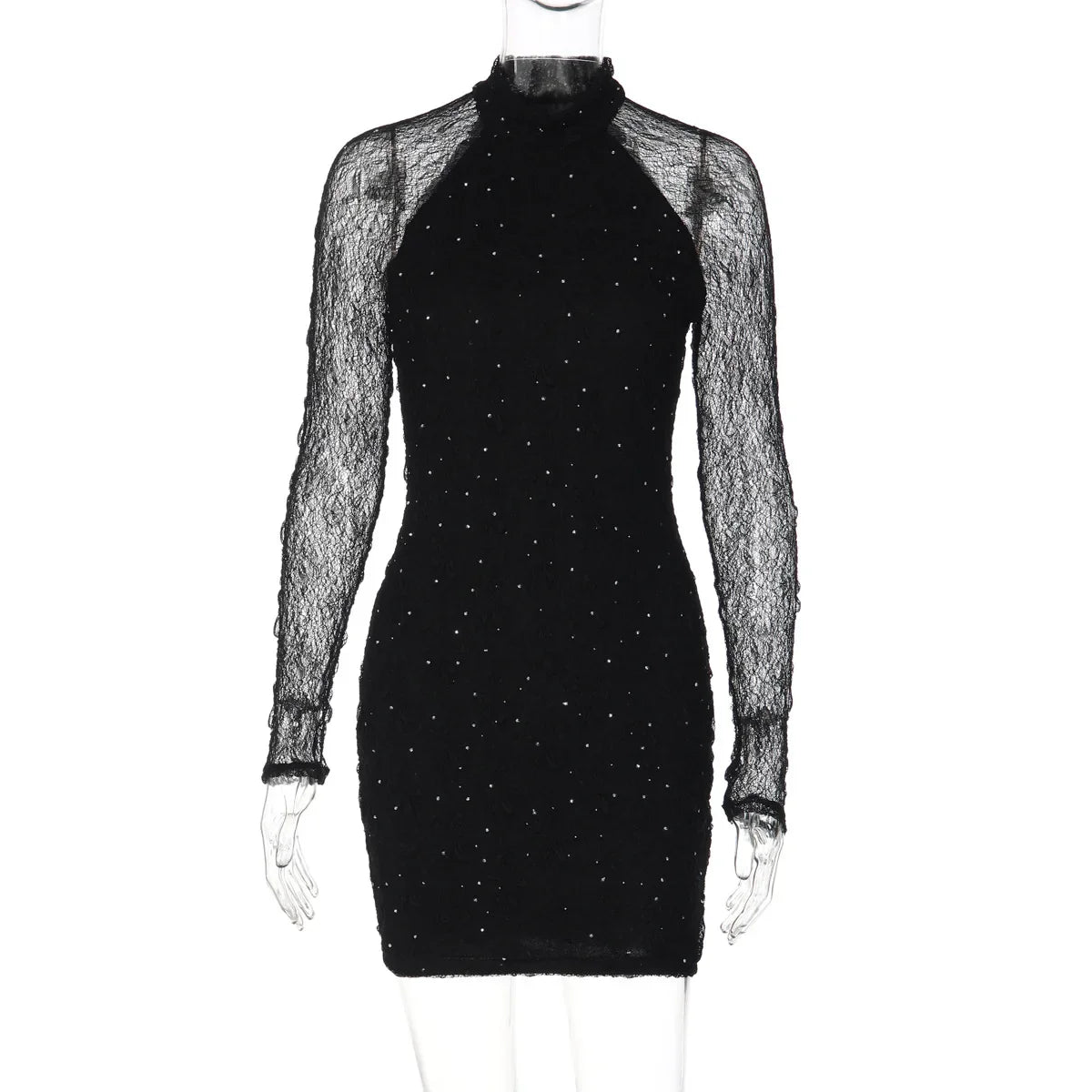 Lace See Through Long Sleeve Mini Dress