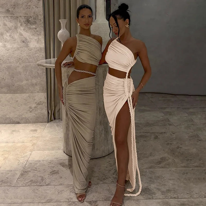 One-Shoulder Strap Backless High Split Maxi Dress