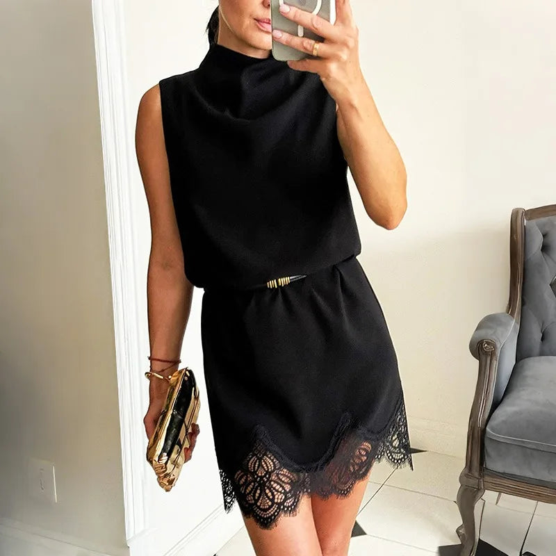 Lace Patchwork Hollow Out Sleeveless Mini Dress