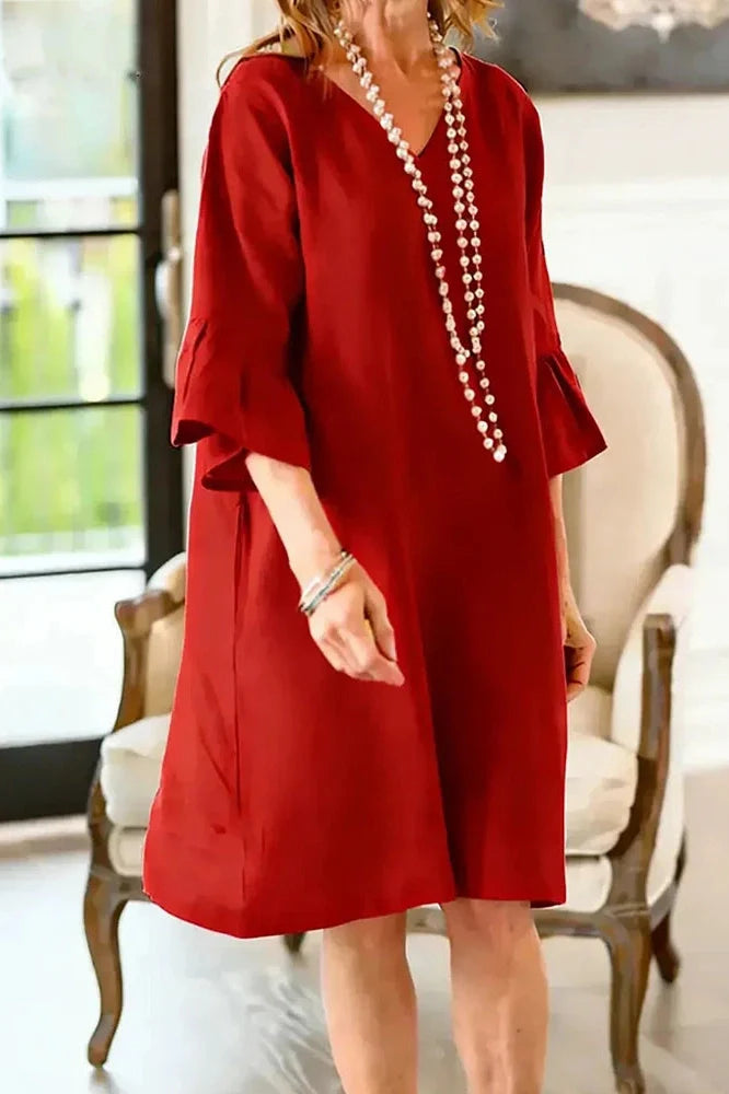 Half Sleeve V-Neck Loose Pleated A-Line Mini Dress