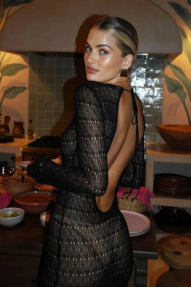 Elegant Hollow Out Backless Knit Maxi Dress