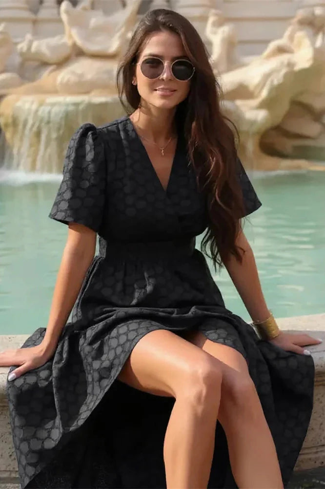 V-Neck Short Sleeve Patchwork Printed Slim Midi Dress